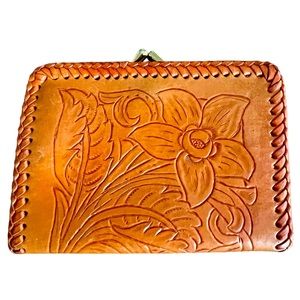 Vintage KissLock Tooled Leather Compact whipstitch Brown Made Australia Wallet